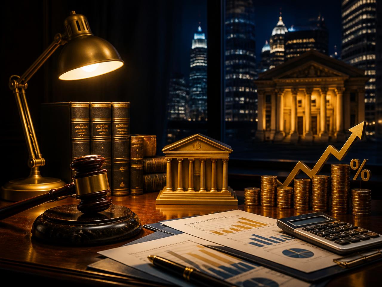 Mesa de escritório de advocacia com contratos bancários e balança da justiça